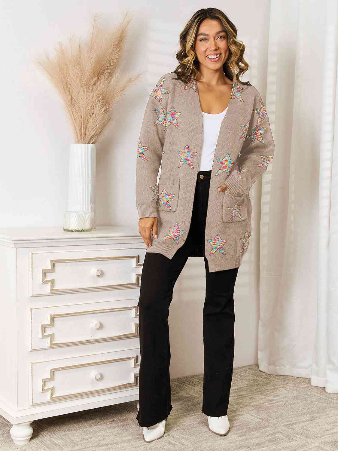 Maxct &Star Pattern Open Front Cardigan with Pockets