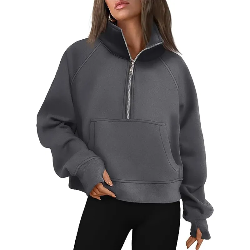 Maxct Casual Half Zipper Plush Hoodies Women Loose Solid Lapel Pockets Sweat Shirt Female Autumn Chic Warm Sports Yoga Outwear