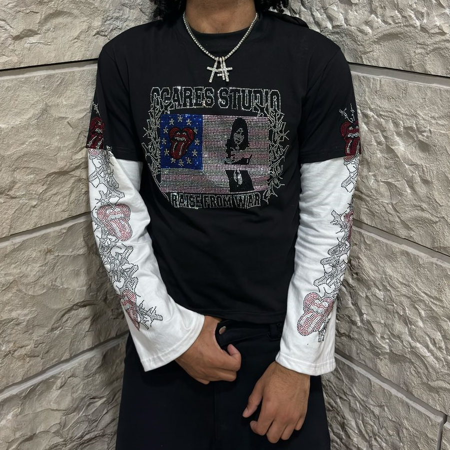 Y2k Round Neck Long Sleeved Hip-Hop Rap Vintage Hot Diamond Pattern T-Shirt Streetwear Oversize Sweatshirt Tops With Contrasting