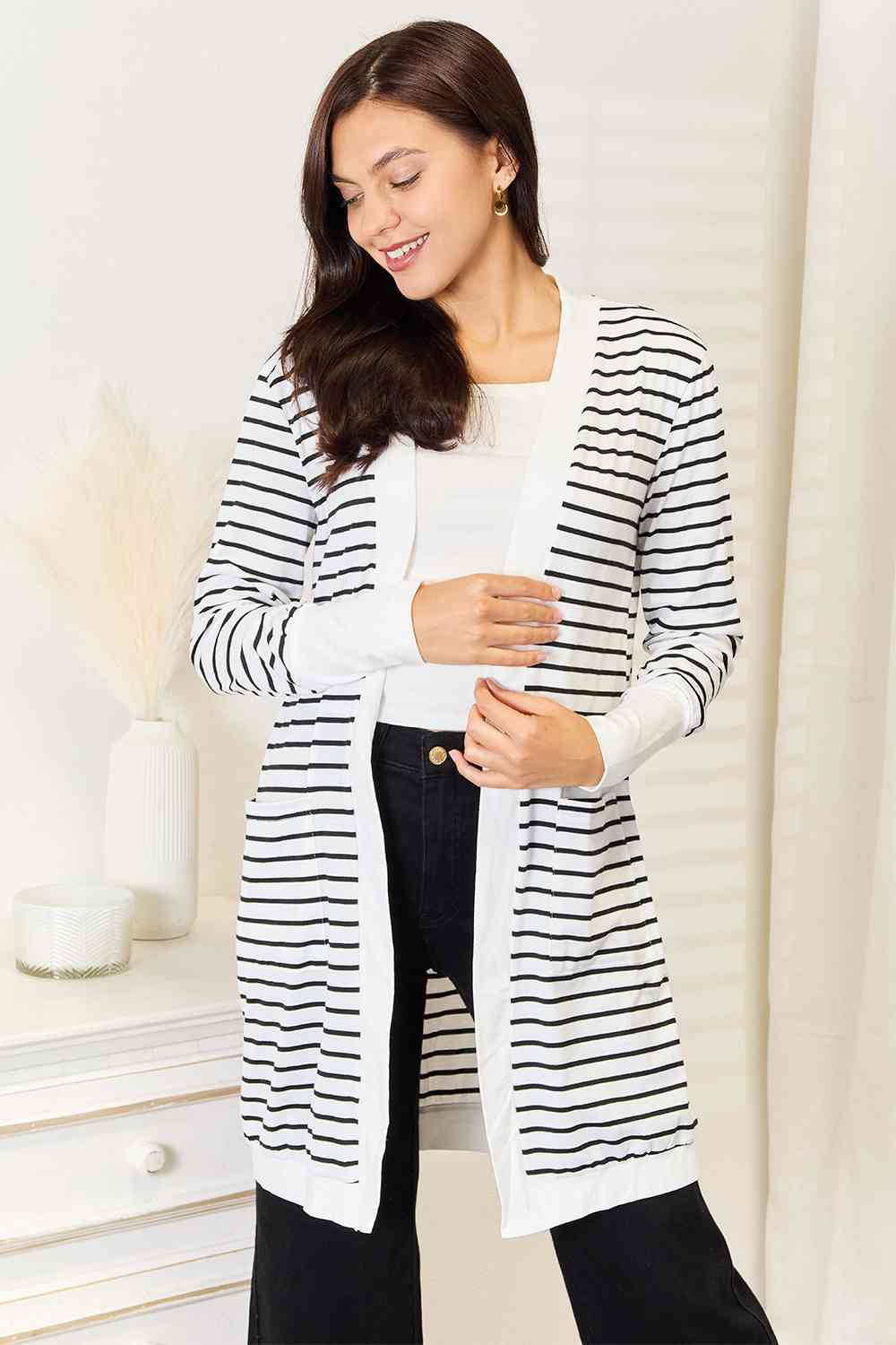 Maxct &Double Take Striped Open Front Longline Cardigan