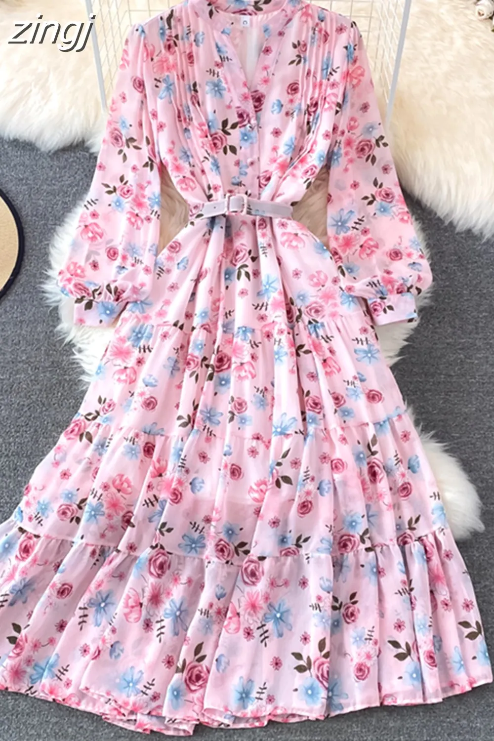 Maxct Floral Midi Dress Women Elegant V-Neck Lantern Long Sleeve High Waist Draped A-Line Casual Vestidos Female Spring Autumn