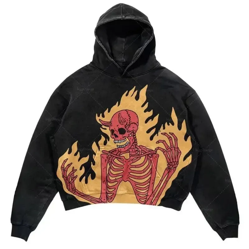 Maxct Y2k Punk Wind Skull Printed Cotton Hoodies Sweatshirt Couples Hip-hop Retro Street Loose Oversized Hoodies Harajuku Gothic Top