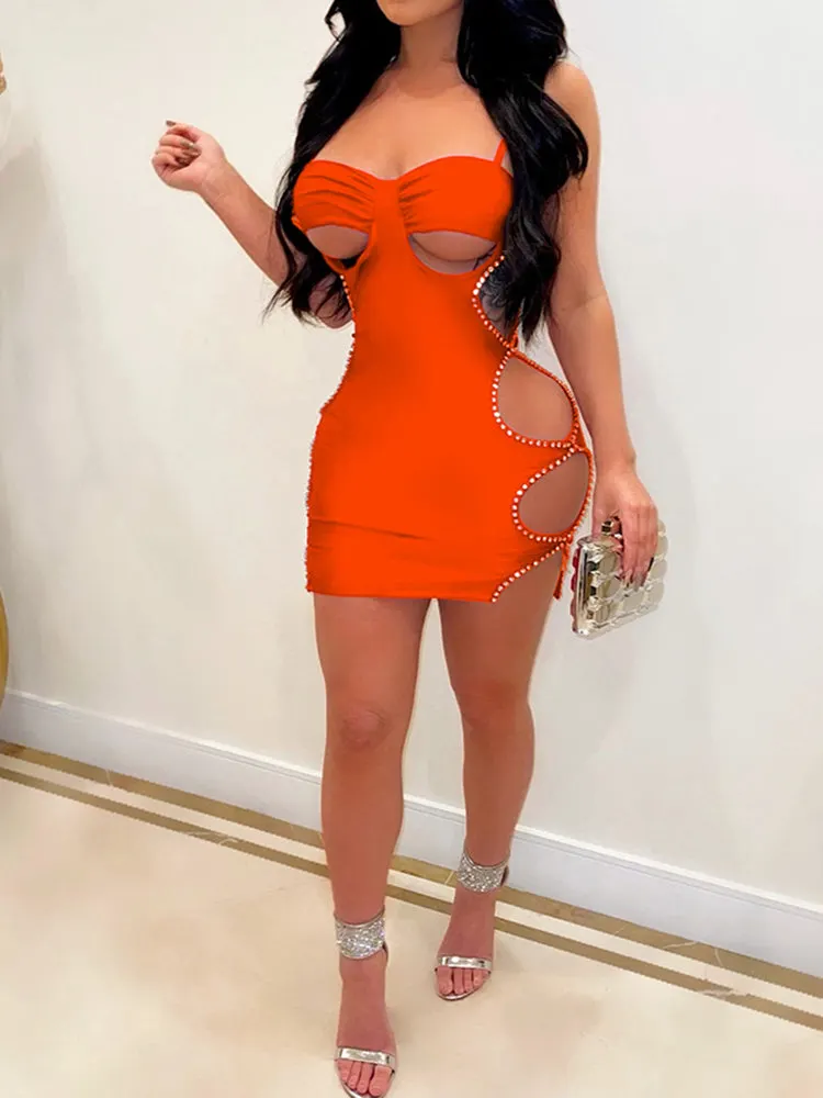 Spaghetti Strap Hollow Solid Mini Dress Maxct