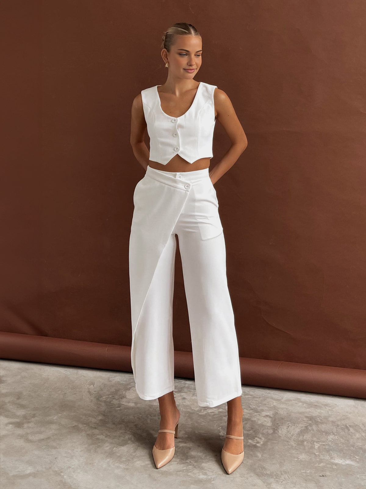 Maxct Solid  Asymmetrical Straight Leg Pants Set
