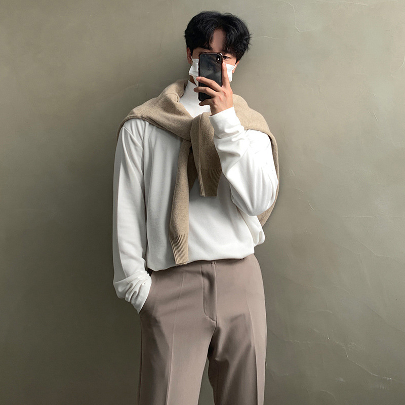 Maxct classy outfits men Solid Color Half Turtleneck Men's Spring and Autumn Long-Sleeved T-shirt Bottoming Shirt Korean Style Loose Casual High Sense Autumn Inner Wear Men