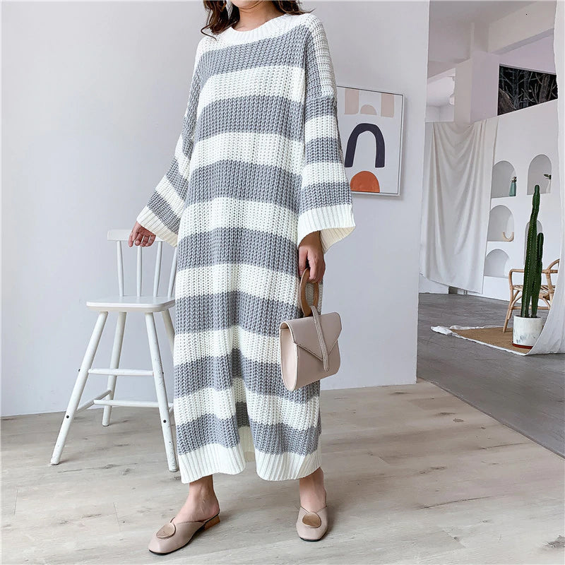 Loose Long Striped Crew Neck Knitted Dress Maxct
