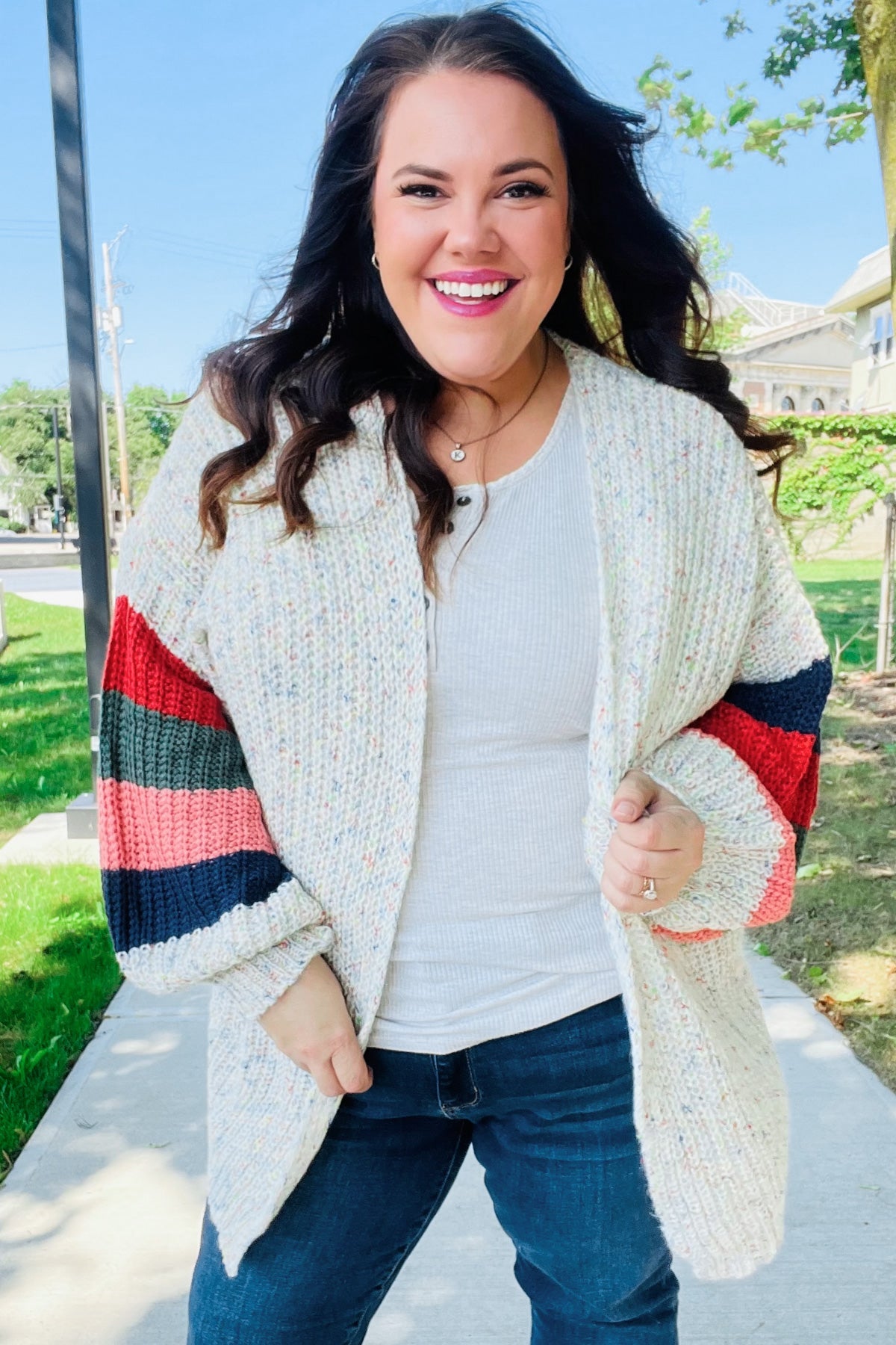 Maxct &Weekend Ready Ivory Multicolor Mixed Thread Bubble Sleeve Cardigan