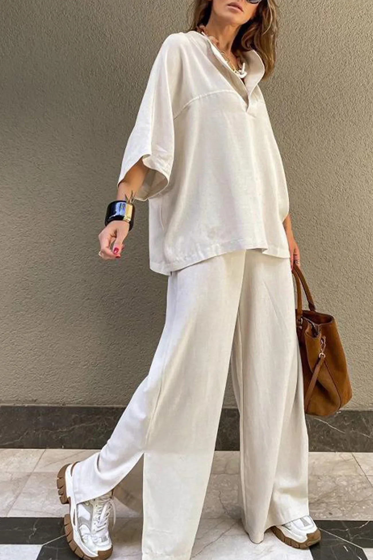 Maxct Lapel Shirt Slit Hem Long Pants Set