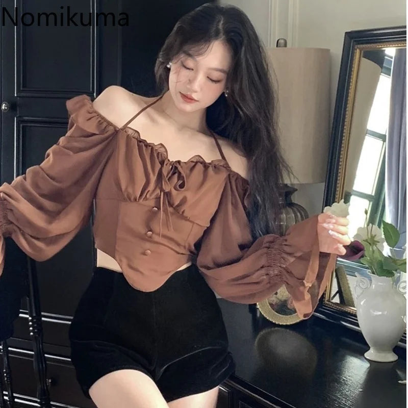 Maxct Shirts Blouses Spring Autumn Halter Off Shoulder Ruffles Patchwork Blusa Feminina Vintage Elegant Sexy Camisas De Mujer