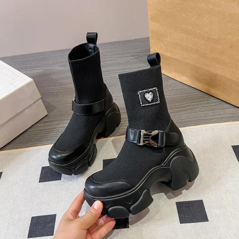 Platform Knitted Slip on Boots for Women Maxct