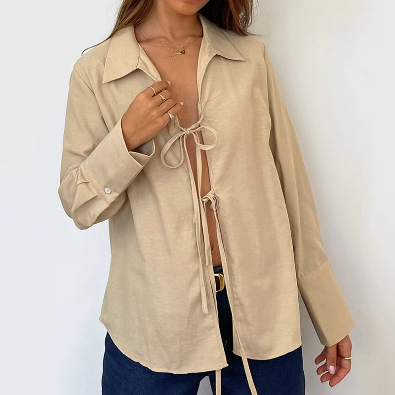 Maxct Hollow Out Lace Up White Cotton Linen Shirt Women's Long Sleeve Loose Casual Sexy Lapel Cardigan Top Female Summer new
