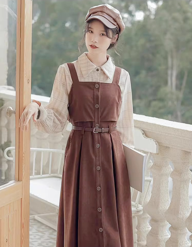 Suede Button Up Cami Pinafore Dress Set Maxct