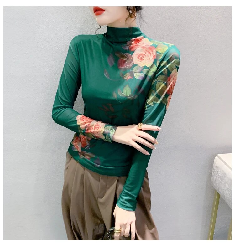 Maxct New High Neck Long Sleeve Mesh Positioning Printing T-shirt Women's Intimated Silk Light Fabric T Shirts Tops For Female
