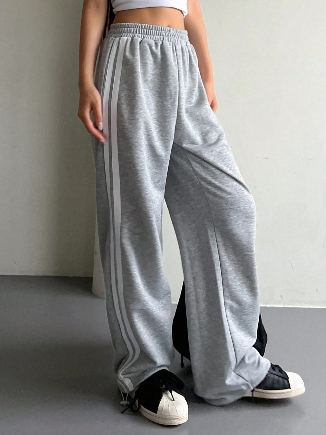 Maxct Women's Solid Color Elastic Waist Side Stripe And Printed Loose Casual Palazzo Pants