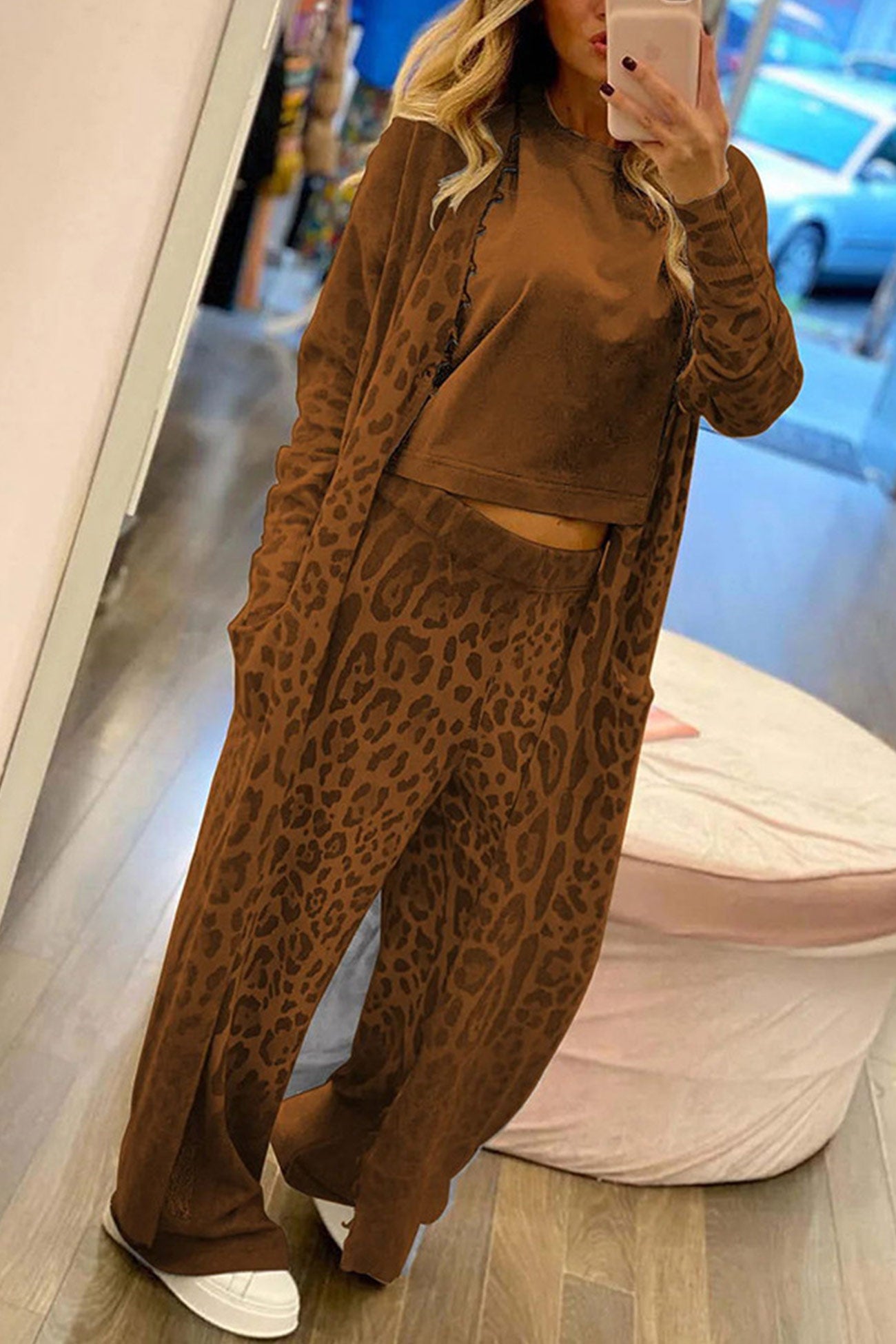 Maxct Leopard Print Long Cardigan Two-piece Pants Suits