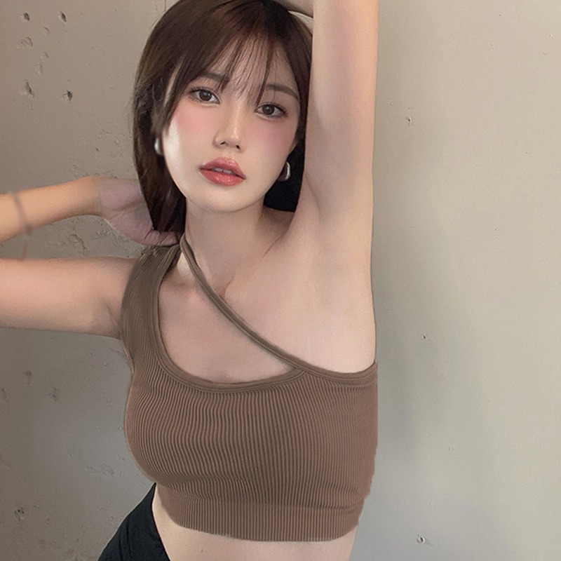 Maxct Crop Tops Soft Tank Tops Padded Top Tube Strappy Cami Tank One Shoulder Strappy Tees Basic Crop Harajuku