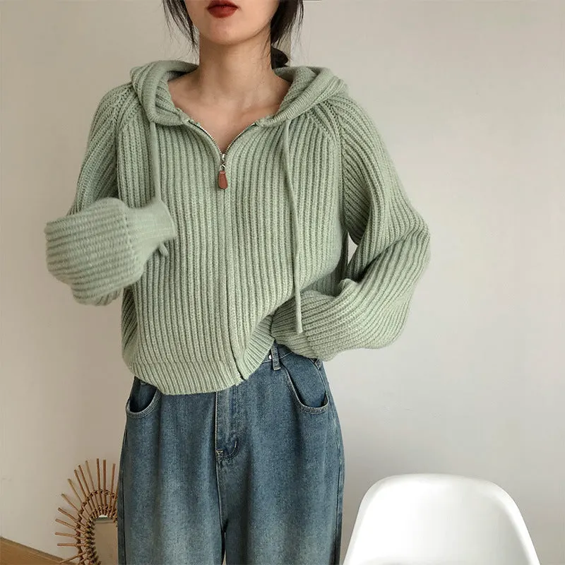 Maxct Vintage Zip Up Knitted Hooded Cardigan