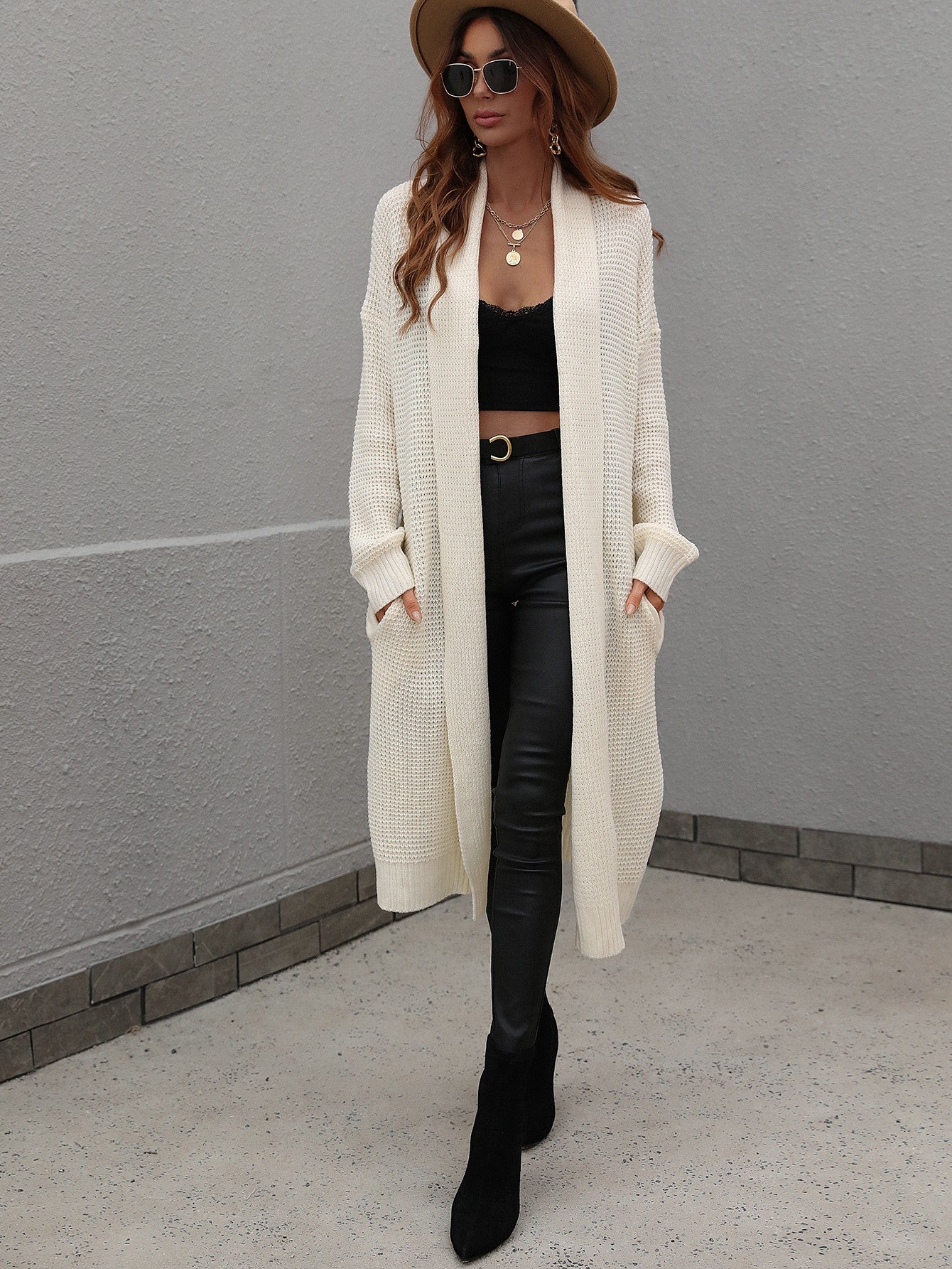 Maxct &Double Take Waffle Knit Open Front Duster Cardigan With Pockets