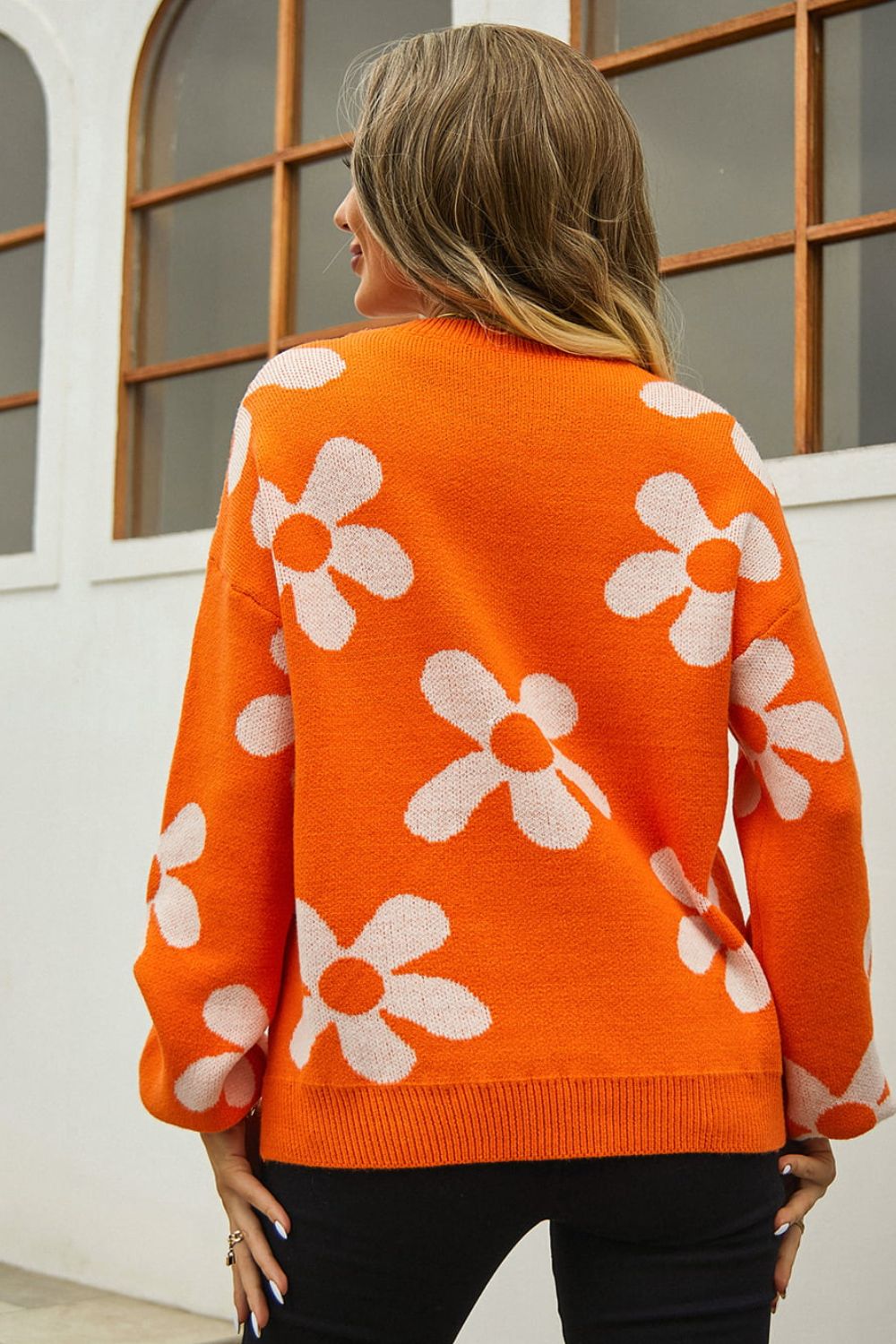 Maxct &Floral Print Round Neck Dropped Shoulder Pullover Sweater