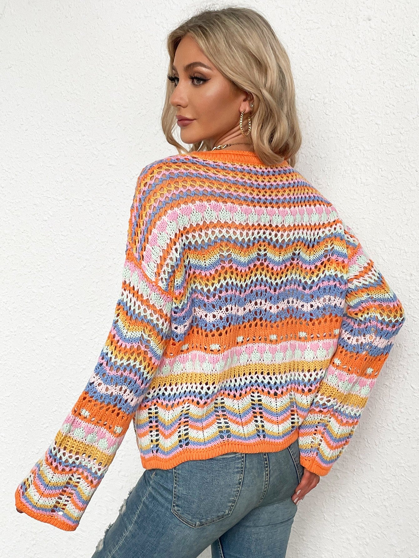 Maxct &Rainbow Stripe Openwork Flare Sleeve Knit Top