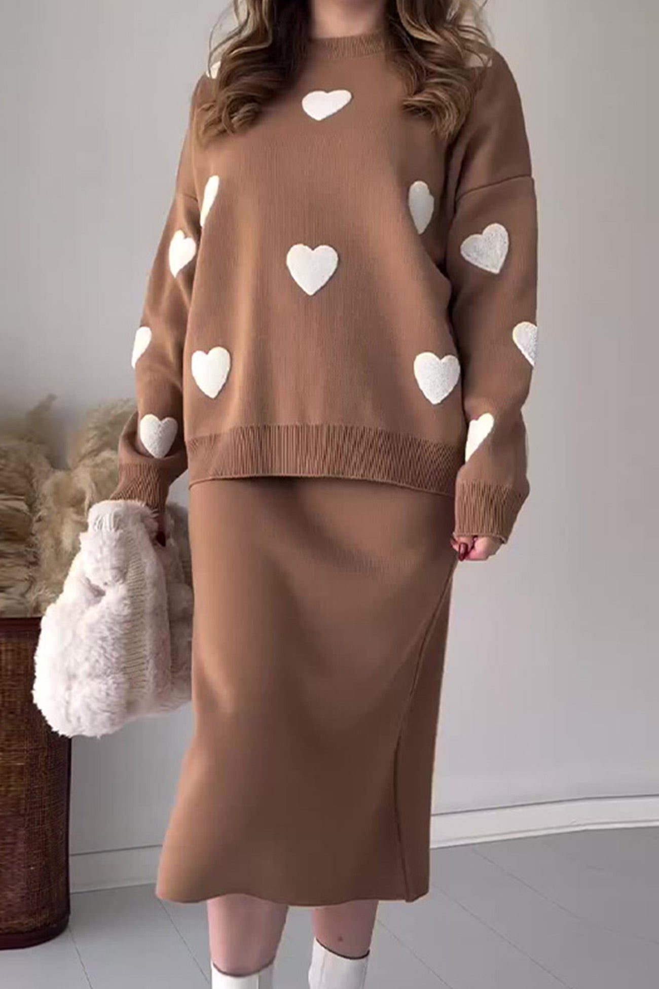 Maxct Heart Graphic Sweater Midi Skirt Knit Suits