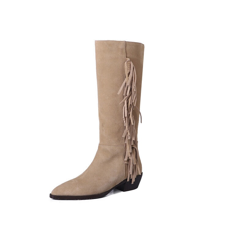 Womens Suede Knee High Boots 40mm Block Heel Tassels Cowboy Boots Maxct
