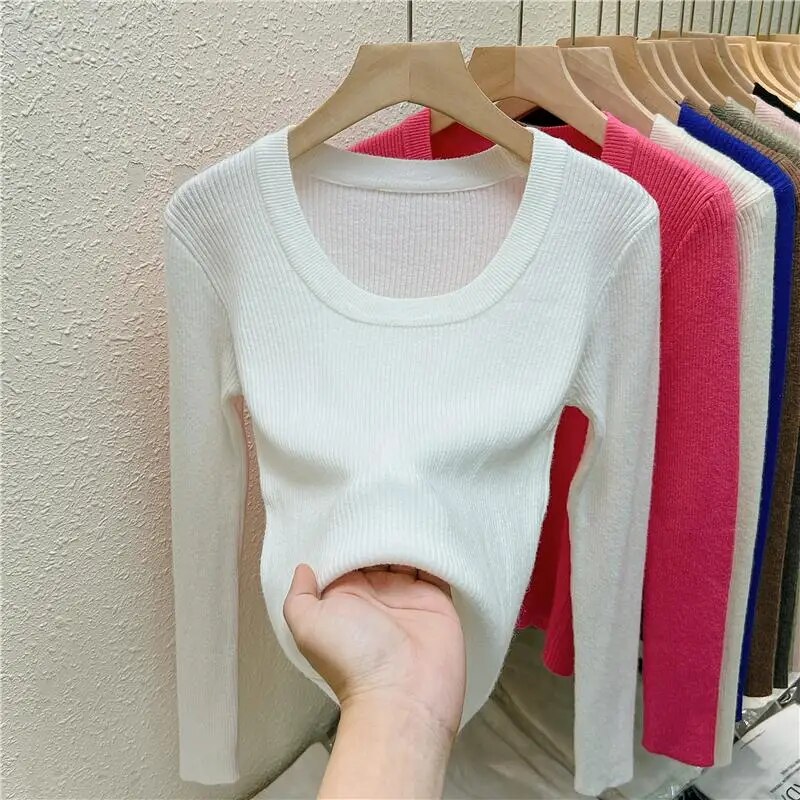 Maxct Photos U-neck Knitted Sweater For Women's Autumn Long Sleeved Top Girls Simple Base Jumper GT8311
