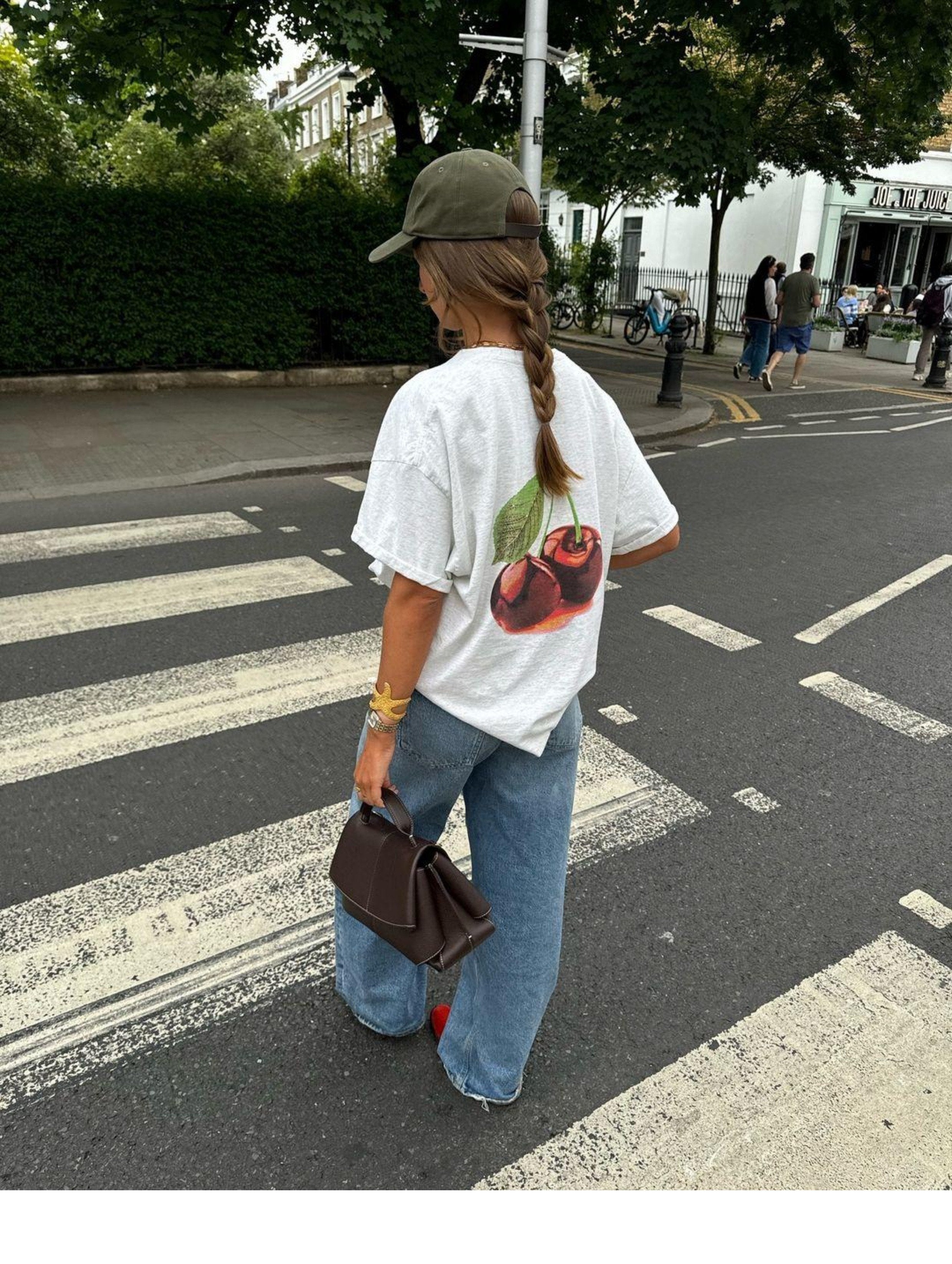 Maxct American Style Retro Fruit Cherry Print Pure Cotton Short-sleeved T-shirt Summer Women's National Fashion Oversize Hot Girl Top Fashion