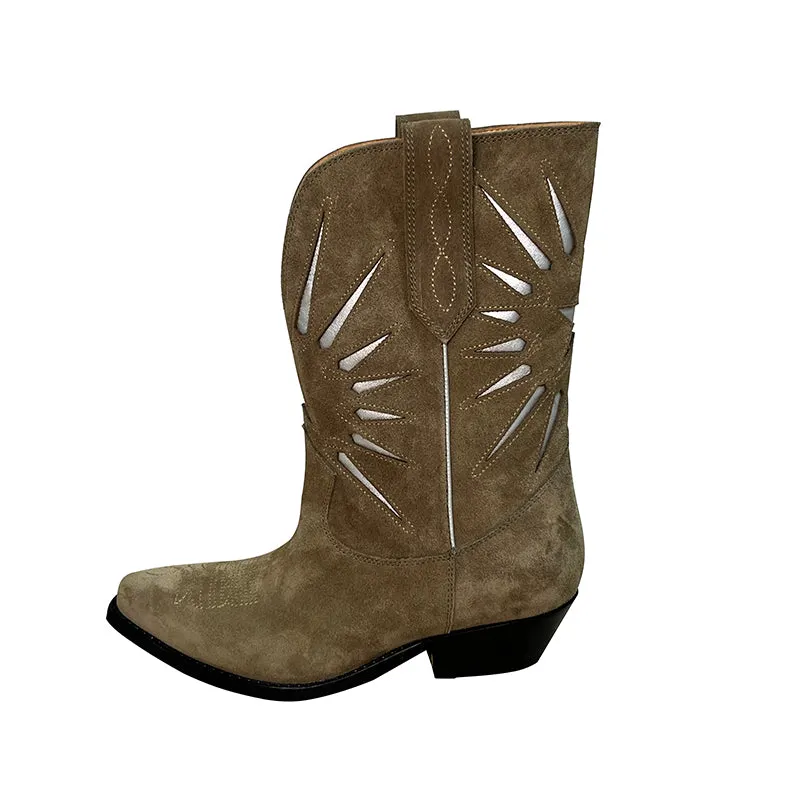 Womens Western Contrast-stitching Cowboy Boots - Suede Khaki/Black Cowgirl Boots Maxct