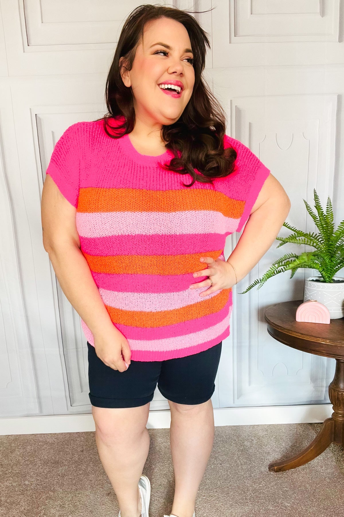 Maxct &Feeling Bold Fuchsia & Orange Stripe Short Sleeve Dolman Sweater