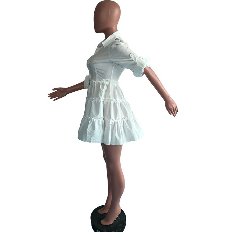 Solid Ruffles Shirt Dress Women Streetwear Half Sleeve Buttons Up High Waist Mini Dress Summer Casual Party Dresses