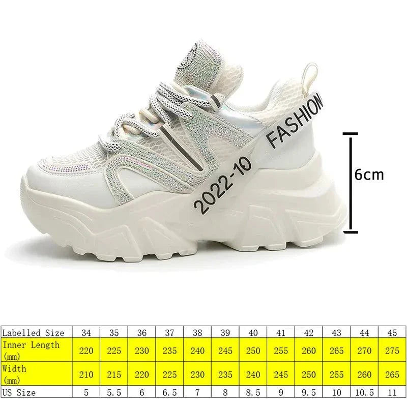 6cm Air Mesh Leather Bling Chunky Sneakers Maxct