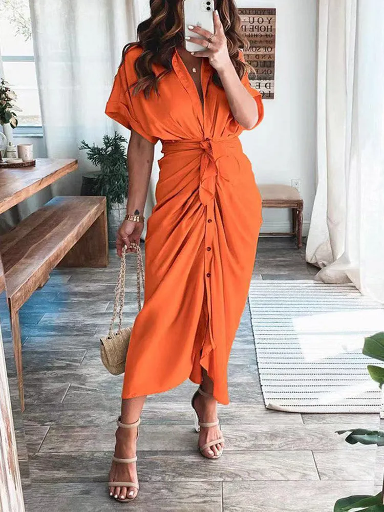 Satin Pleated Bandage Shirt Dress Maxct
