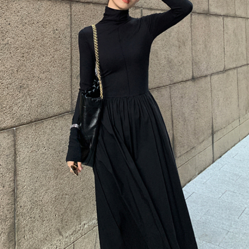 Maxct New Autumn French Midi Dresses Women Elegant Chic Turtleneck Fashion Casual A-Line Black Long Sleeve Cotton Female Clothing