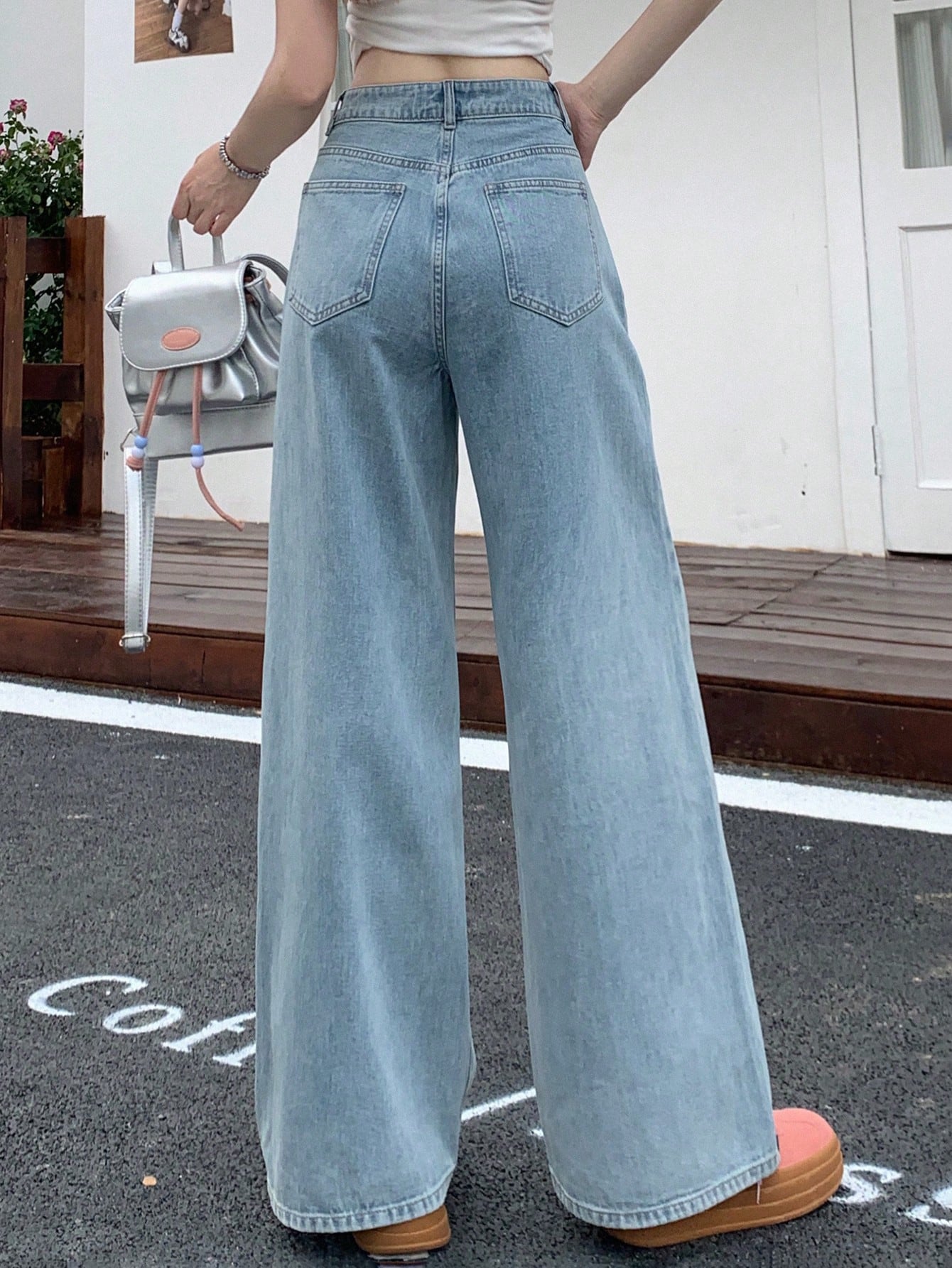 Maxct Women's Fashionable Wide-Leg Denim Pants, Solid Color, Loose Fit