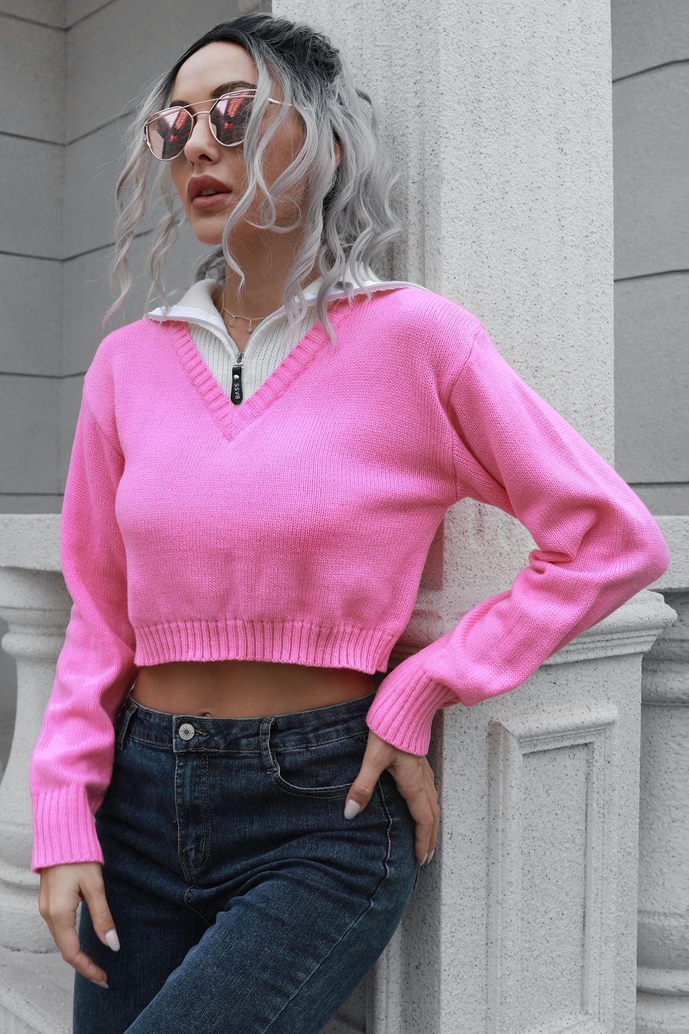 Maxct &Contrast Collared Cropped Sweater