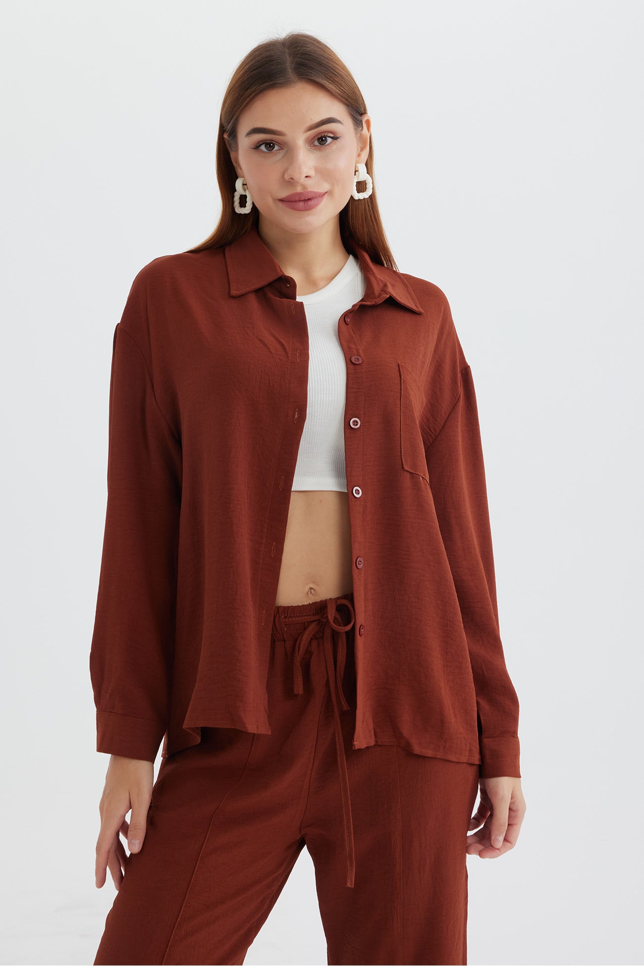 Maxct Long Sleeve Solid Color Shirt Long Pants Set - Image 27