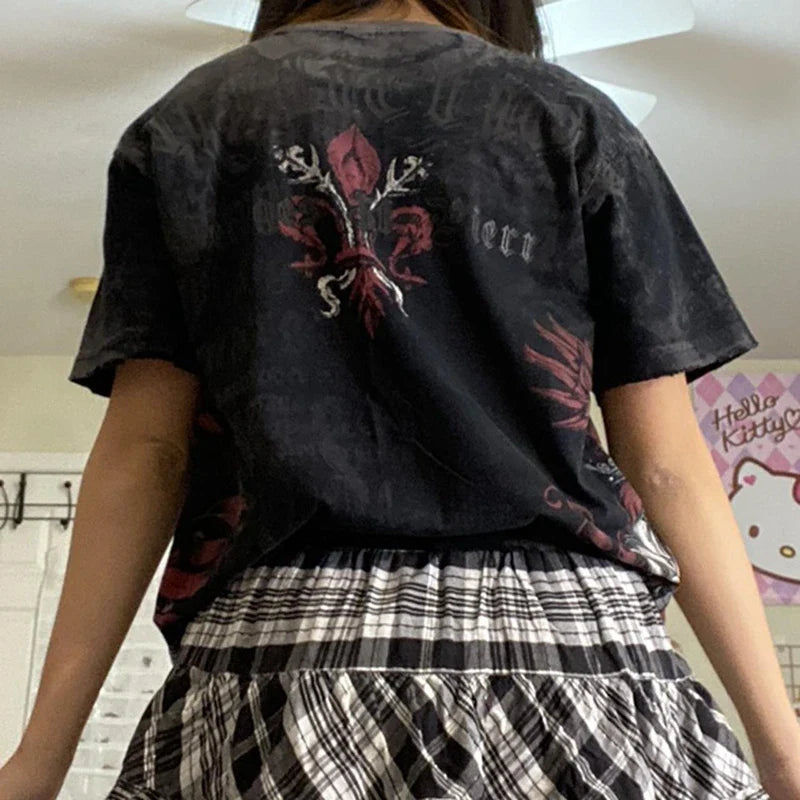Maxct E Girl Graphic Short Sleeve Tops Gothic Skulls Print T Shirt Tees Harajuku Grunge Vintage Pullovers Y2K Retro Mall Goth Clothes