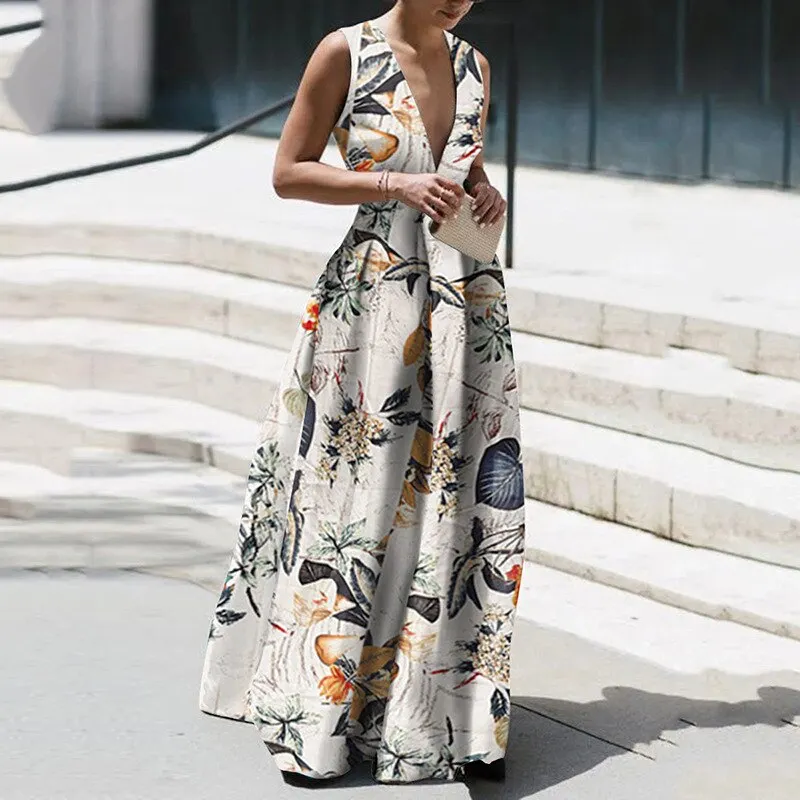 Maxct Summer Autumn Long Dress Fashion Retro Floral Print Sleeveless Holiday Dress Sexy Women Deep V Neck Elegant Party Dress