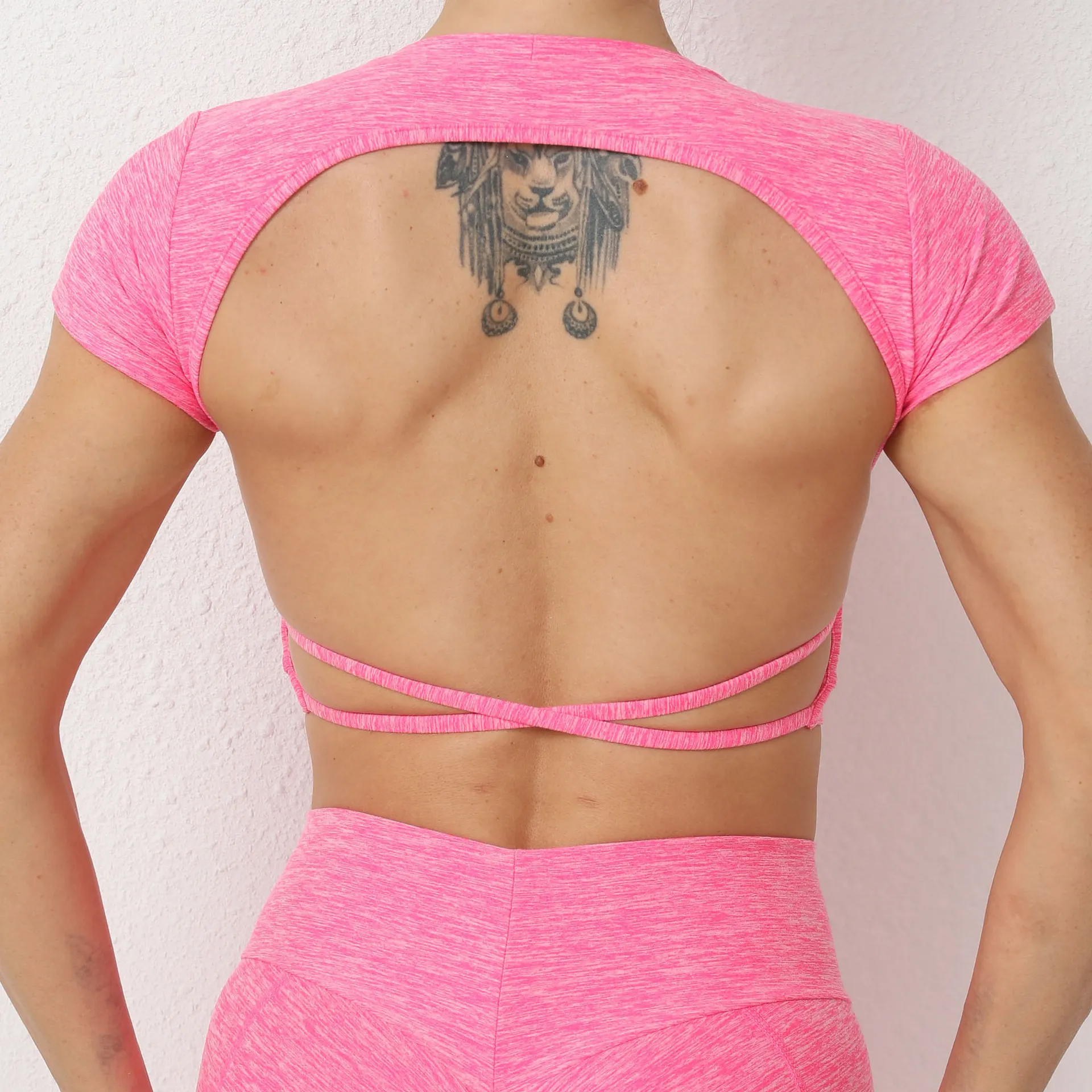Maxct Backless Gym Workout Top with Cups Women Sportswear Short Sleeve O-neck Sport T-shirt Yoga Wear Ladies Fitness Shirt Pink