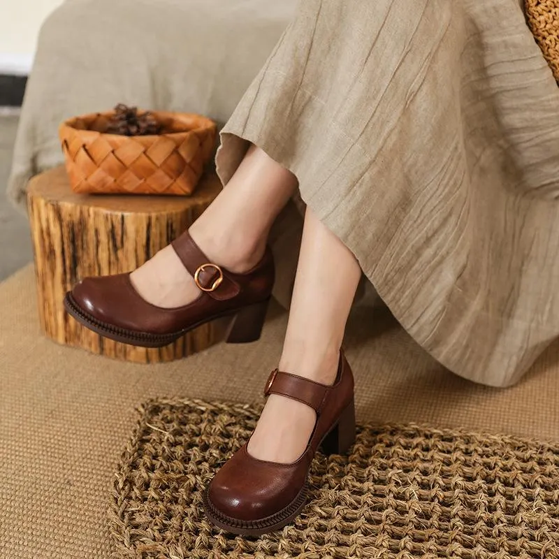 Handmade Pumps Mary Jane Heels Sandalss Round Toe  Retro Velcro Sandals Black/Brown Maxct