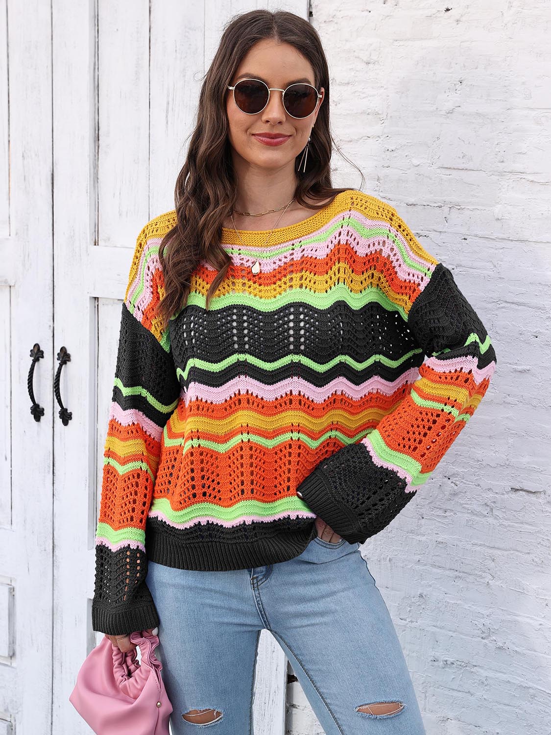 Maxct &Openwork Round Neck Knit Top
