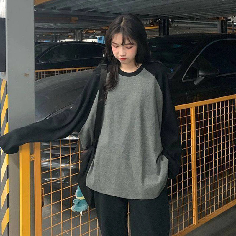 Maxct Oversized T-shirt Round Collar Contrast Color Long Sleeve Tops Women Spring Patchwork Kawaii T Shirts Unisex Streetwear