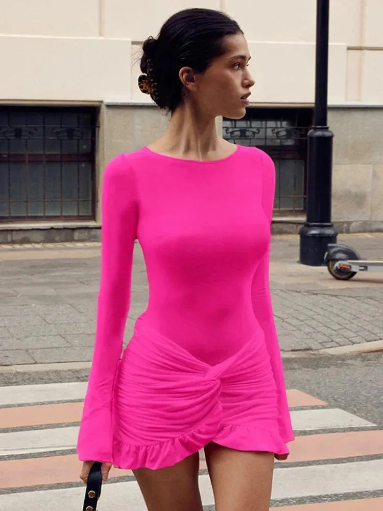 Ruffled Twist Skinny MIni Dress Long Sleeve Patchwork High Waist Party Dress FeY2k Bodycon Dress Maxct