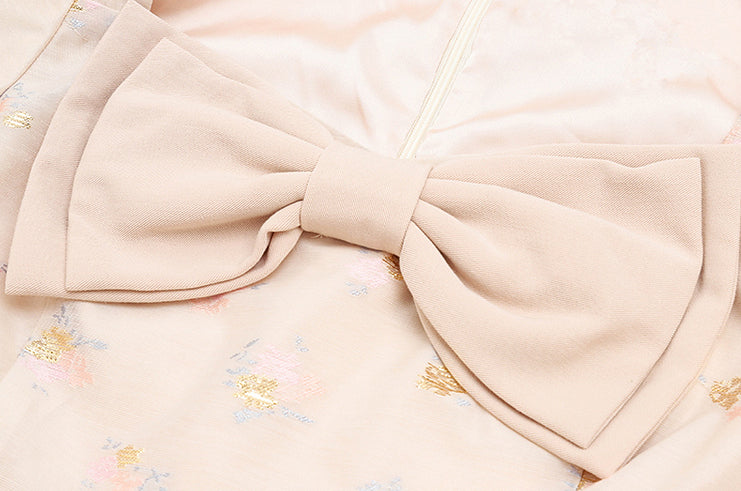 Puff Sleeve Bow Floral Jacquard Dress Maxct
