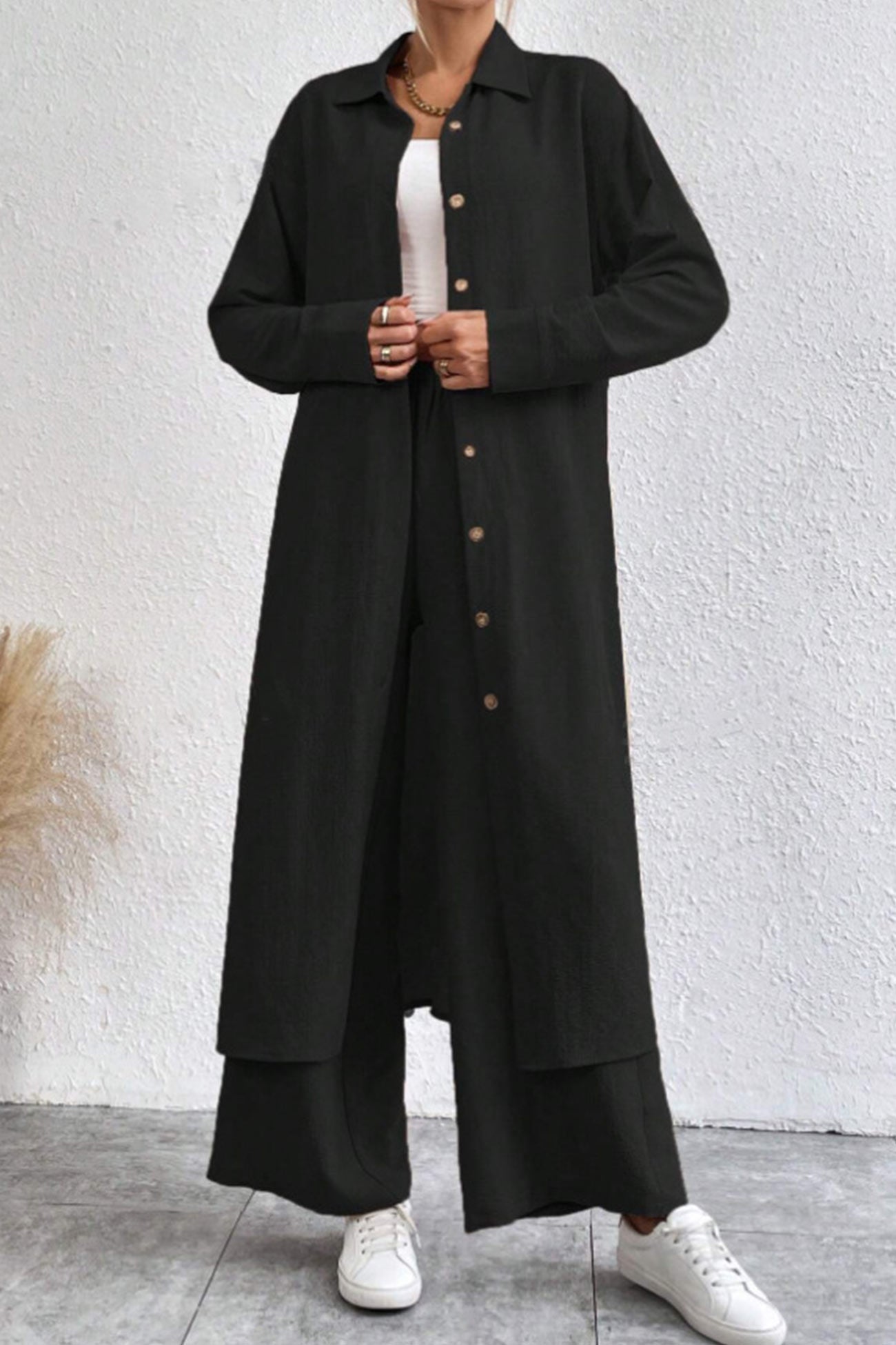 Maxct Solid Long Shirt Wide Leg Pants Set