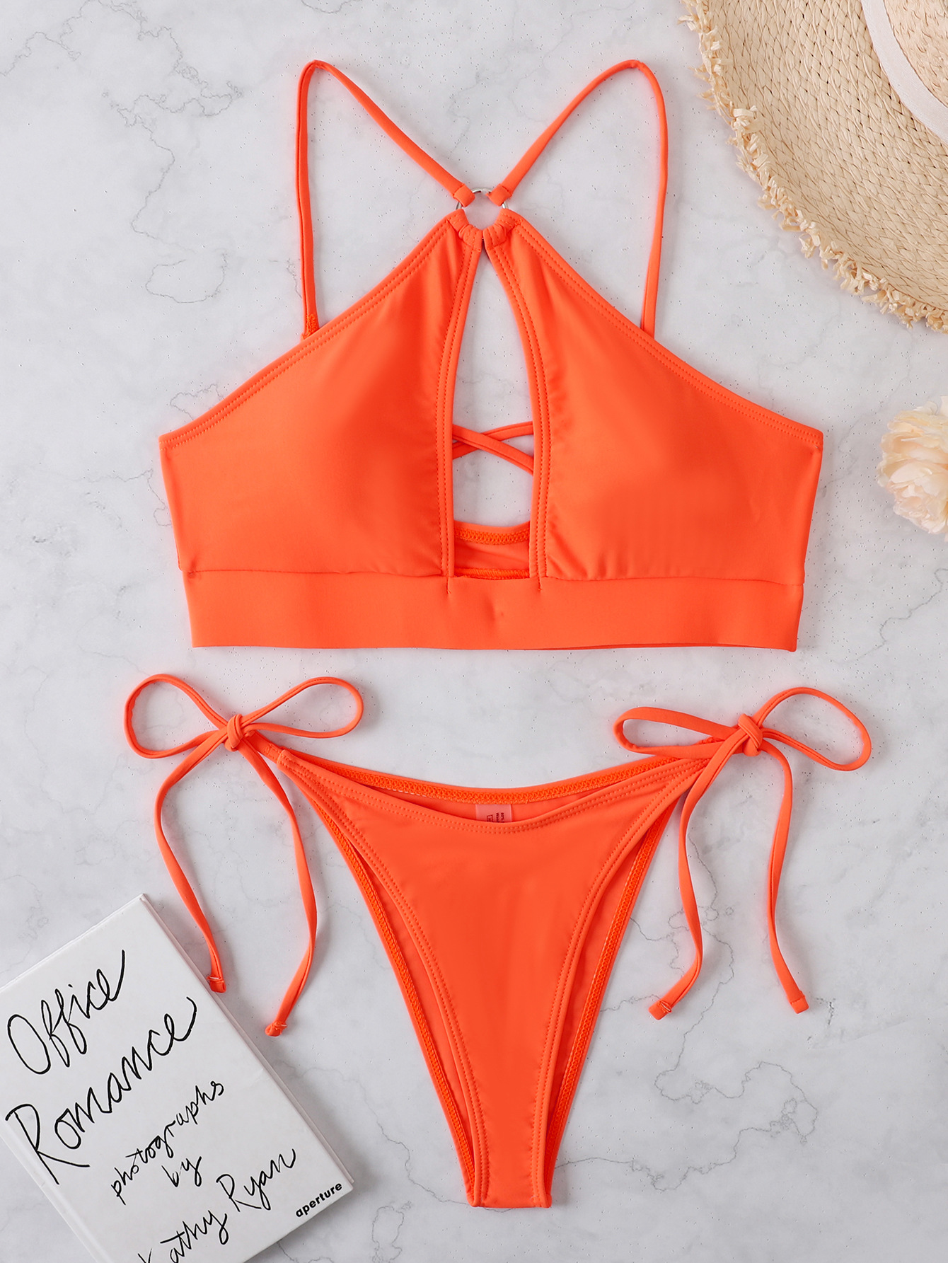 Cut Out Triangle Split Swimsuit Shoelace Bikini with Chest Pad Women's Swimsuit Pure Color Sexy Bikini
