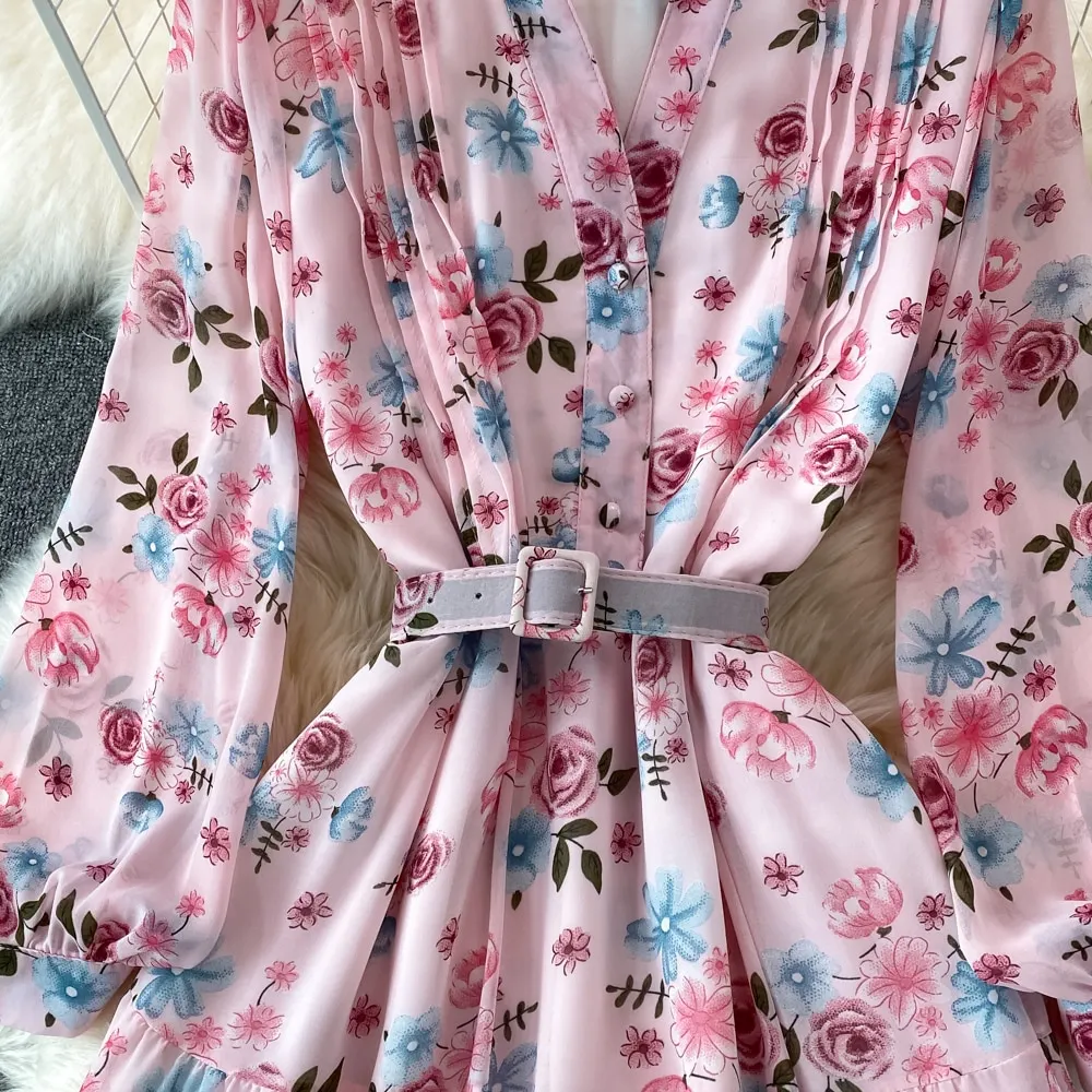 Floral Midi Dress Women Elegant V-Neck Lantern Long Sleeve High Waist Draped A-Line Casual Vestidos Female Spring Autumn