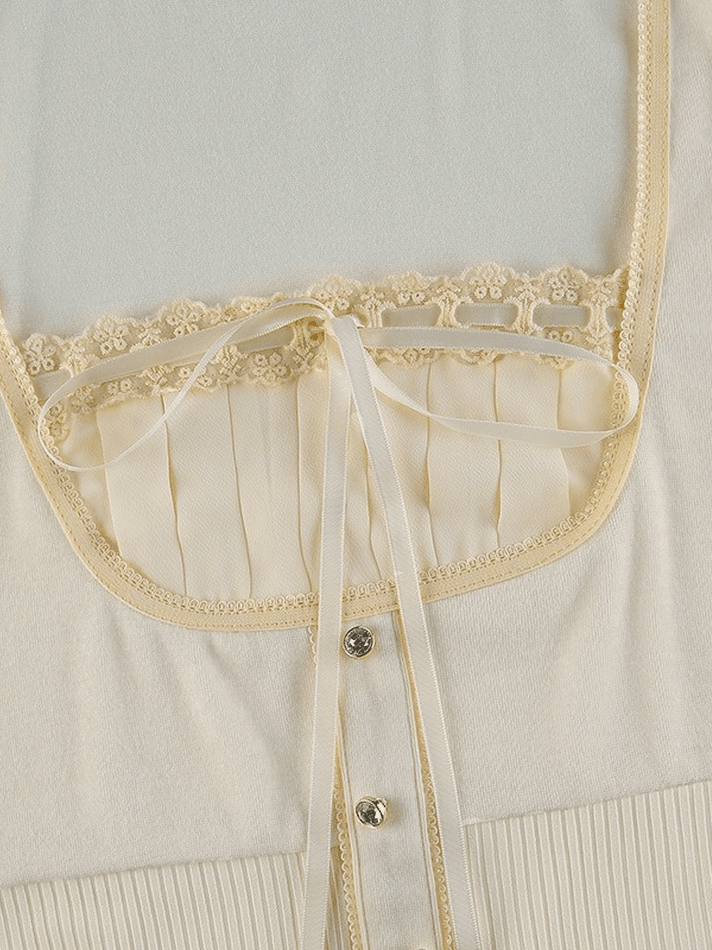 Maxct Fleece Bow-Neck Ribbed Lace Blouse