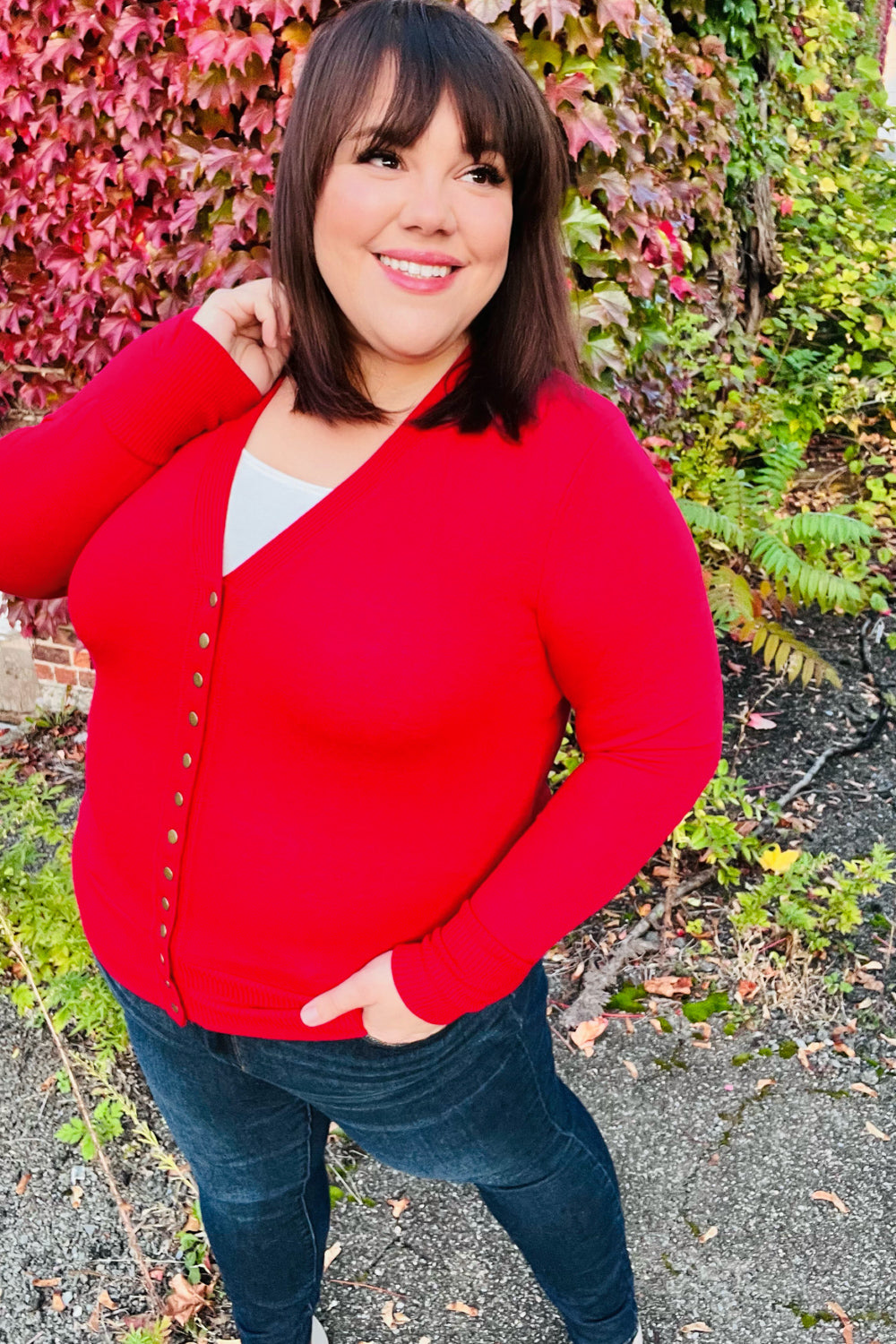 Maxct &Day On The Town Red Snap Button Rib Cardigan